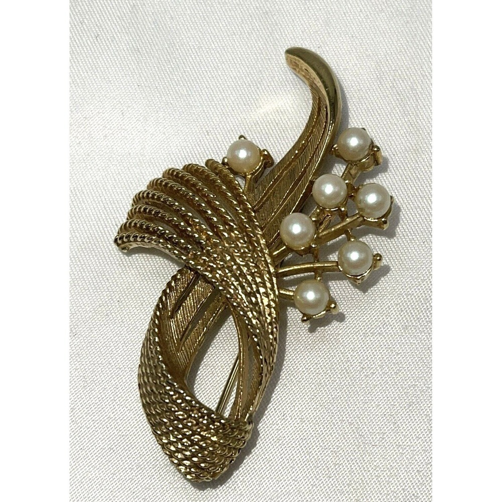 VINTAGE M.JENT SIGNED GOLD TONE FAUX PEARL BROOCH PIN MCM